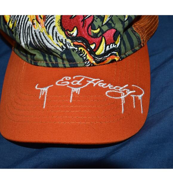 Ed Hardy Screaming Tiger Trucker Snapback Mesh Hat Baseball Cap Orange Y2K - Picture 4 of 10